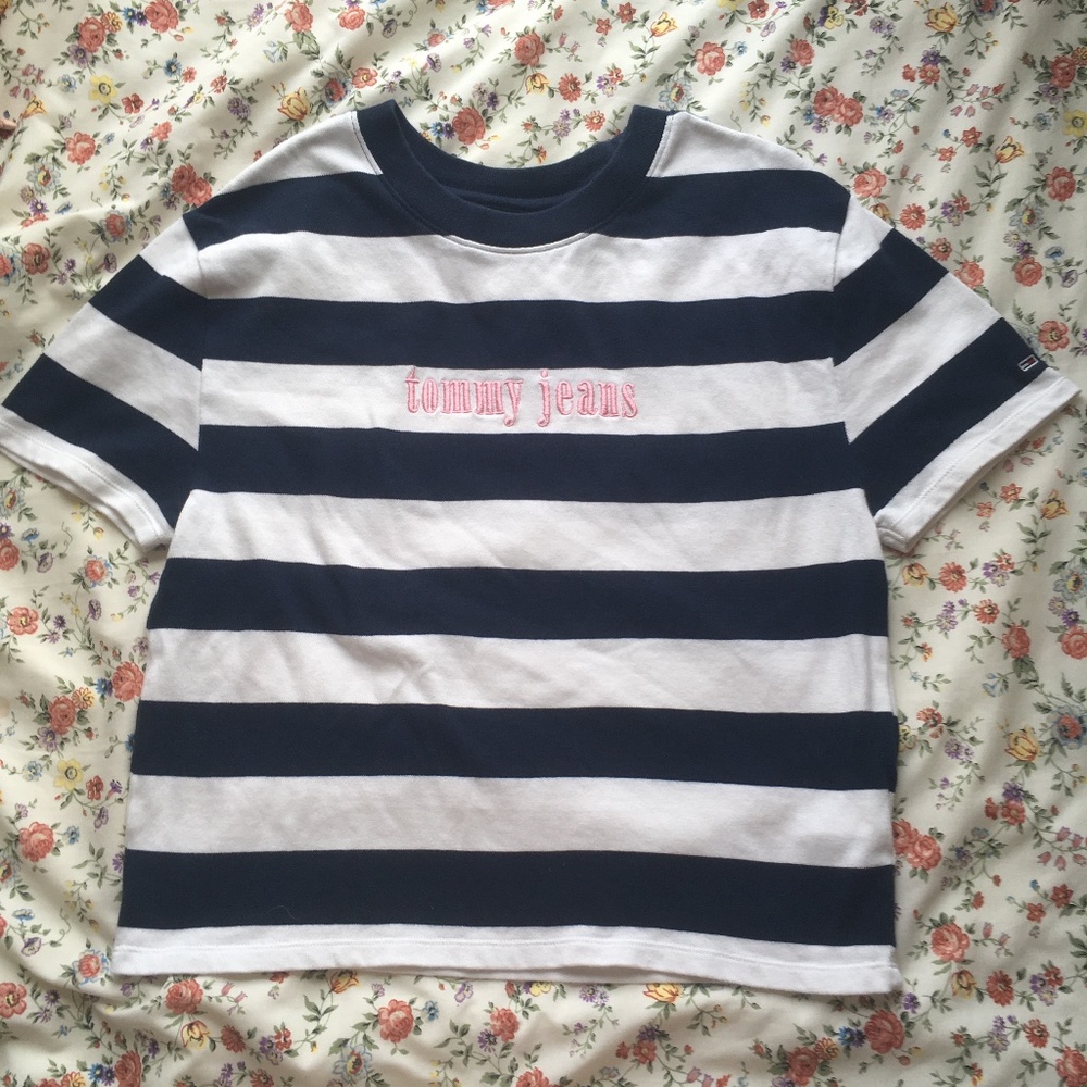 Tommy Hilfiger navy and white striped pink wording oversized crop top